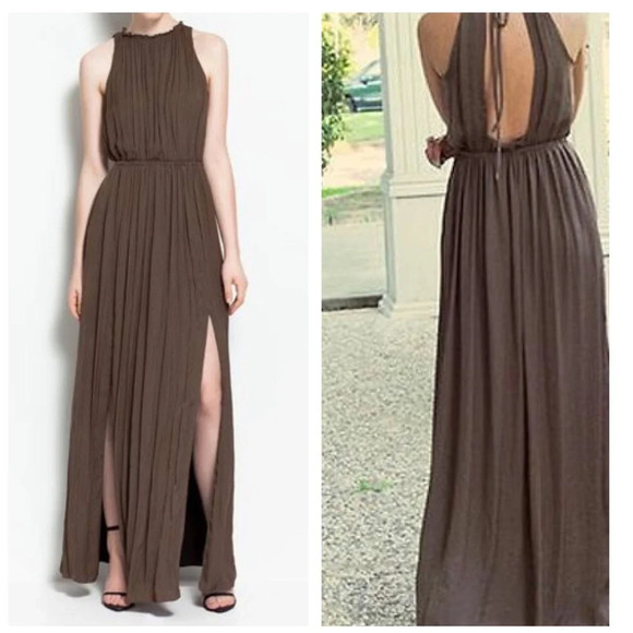 Zara Empire Waist Brown Satin Open Back Slit Maxi Dress Size XS - Picture 16 of 16